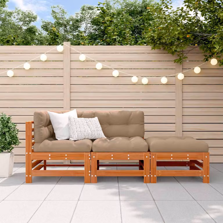 Set Lounge da Giardino vidaXL in Legno di Pino Cerato Marrone con Divano a 2 Posti, Elemento Angolare e Pouf con Cuscini inclusi