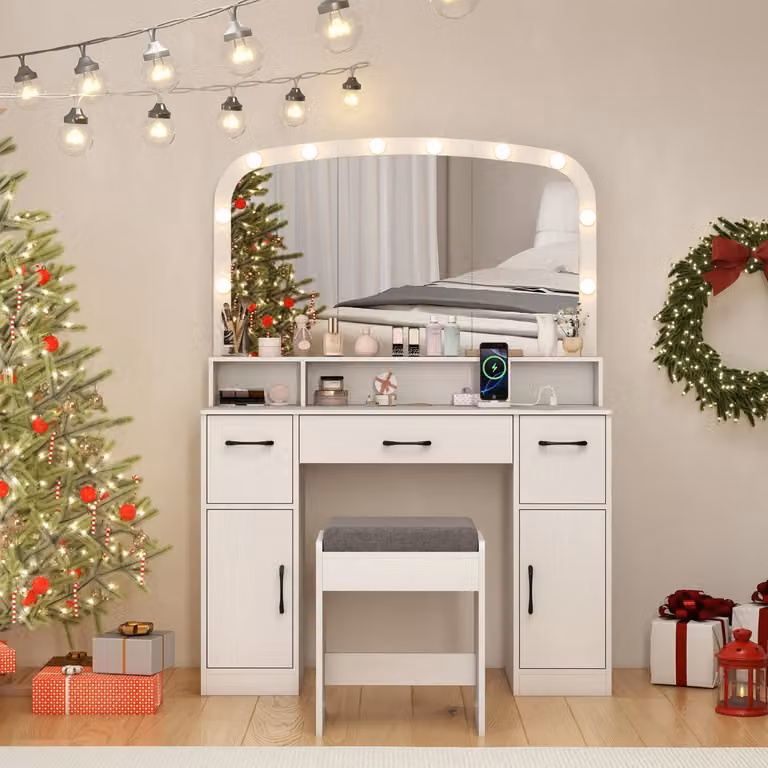 Costway Tavolo da trucco moderno con specchio LED, sgabello e stazione di ricarica, Bianco, L: 108 cm