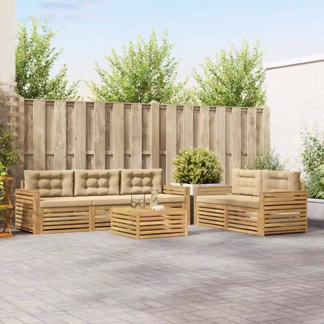 Set da giardino moderno vidaXL composto da 6 pezzi in legno di acacia con divani, poltrone e tavolino da caffè, colore bianco e beige – 1