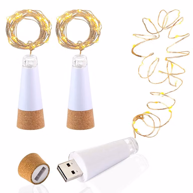Luci a LED a forma di tappo, ricaricabili tramite USB, lunghezza 1,9 metri, 20 LED, luce bianco caldo, confezione da 3 pezzi.