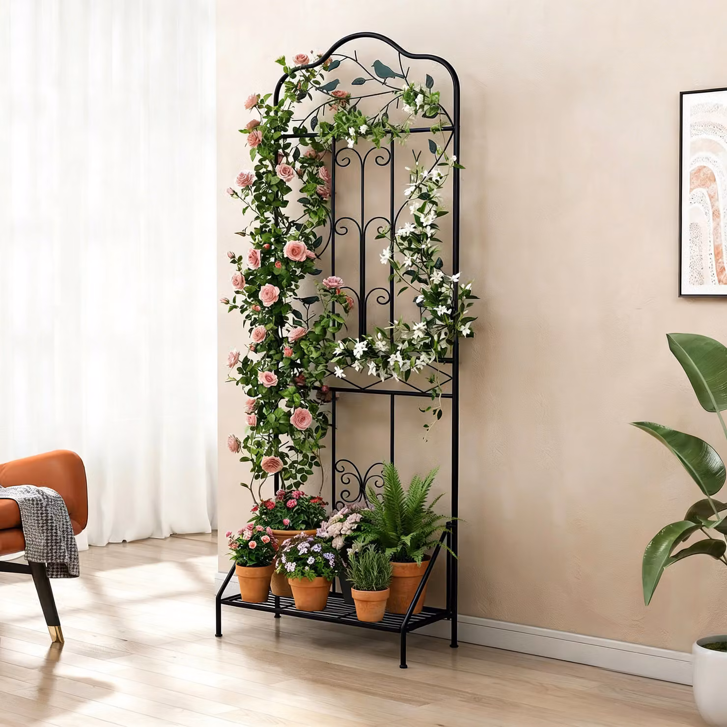 Graticcio da giardino Costway in metallo nero con ripiano pieghevole e supporto per piante rampicanti e fiori