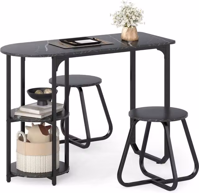 Set da Pranzo Industriale Costway in Legno e Metallo con Tavolo Rettangolare e 2 Sgabelli, Nero e Marrone – 1
