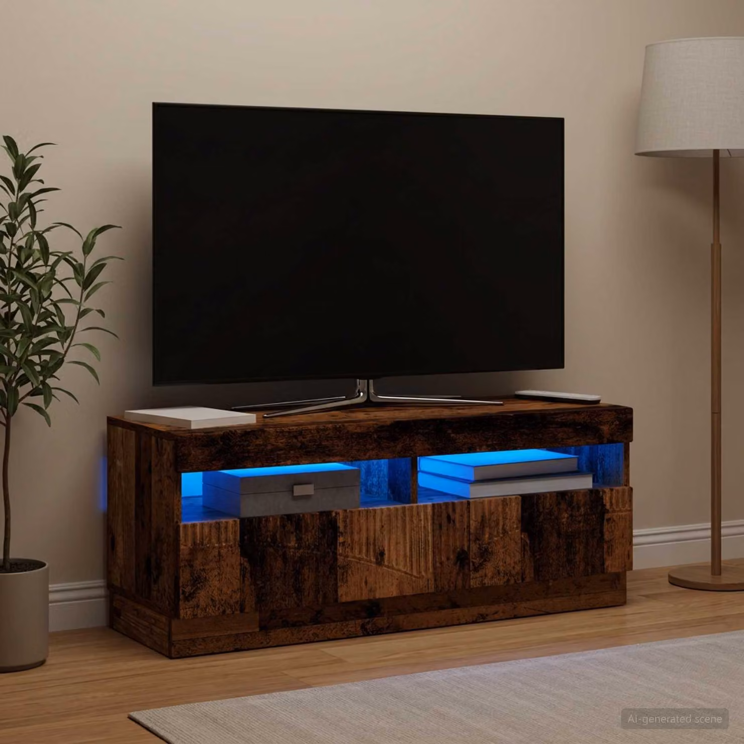 Mobile TV LED vidaXL in legno antico marrone con illuminazione integrata e scomparti multimediali