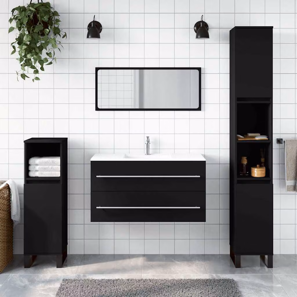 Mobile da bagno vidaXL nero con specchio e ante con cassetti in legno MDF, design minimalista, a parete, L: 48,0 cm, P: 38,5 cm, H: 90,0 cm