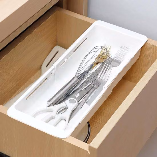 Set di due organizer per cassetti profondi, con struttura pieghevole e cassetto regolabile, adatti per stoviglie da cucina, utensili da barbecue, asciugamani, ecc. (31,7-45,6 cm).