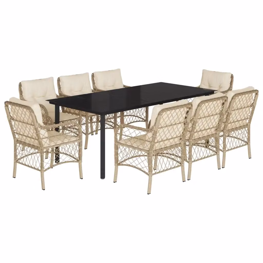 Set da pranzo da giardino vidaXL in polyrattan con cuscini beige e piano in vetro per 9 persone – 2