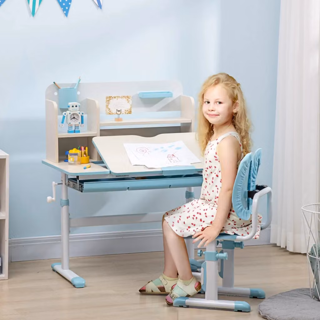 EasyComfort Banco Scuola con Sedia per Bambini, Altezza Regolabile e Piano Inclinabile, Azzurro – 2