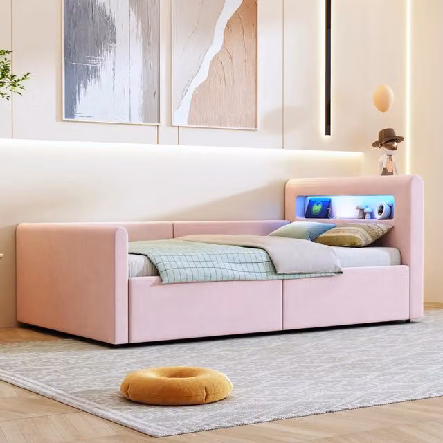 Letto singolo per bambini imbottito 90 × 200 cm in velluto rosa con LED USB luce notturna e vano idraulico