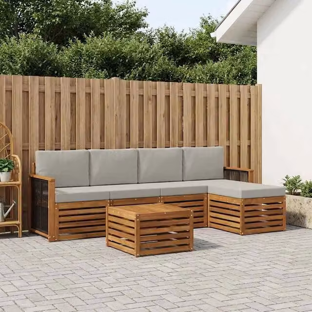 Set di divani da esterno a L con tavolo e pouf vidaXL in legno di acacia, beige e grigio – 1