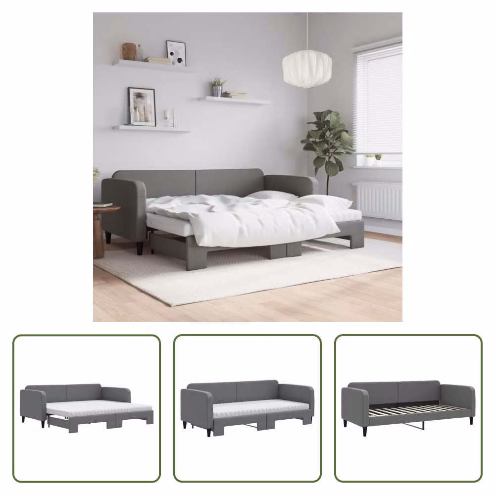 The Living Store Letto da giorno allungabile con materassi grigio scuro 90x200 cm in tessuto