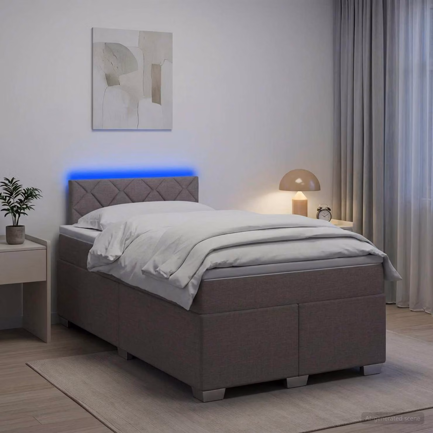 Letto a molle insacchettate "Maison Exclusive" con materasso e illuminazione LED, color taupe, dimensioni 120 x 200 cm, rivestito in tessuto