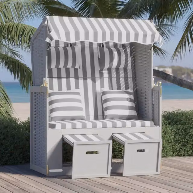 Sedia a sdraioletta da giardino vidaXL in polyrattan e legno massello con tendalino, poggiapiedi e cuscini, colore grigio e bianco a righe – 1