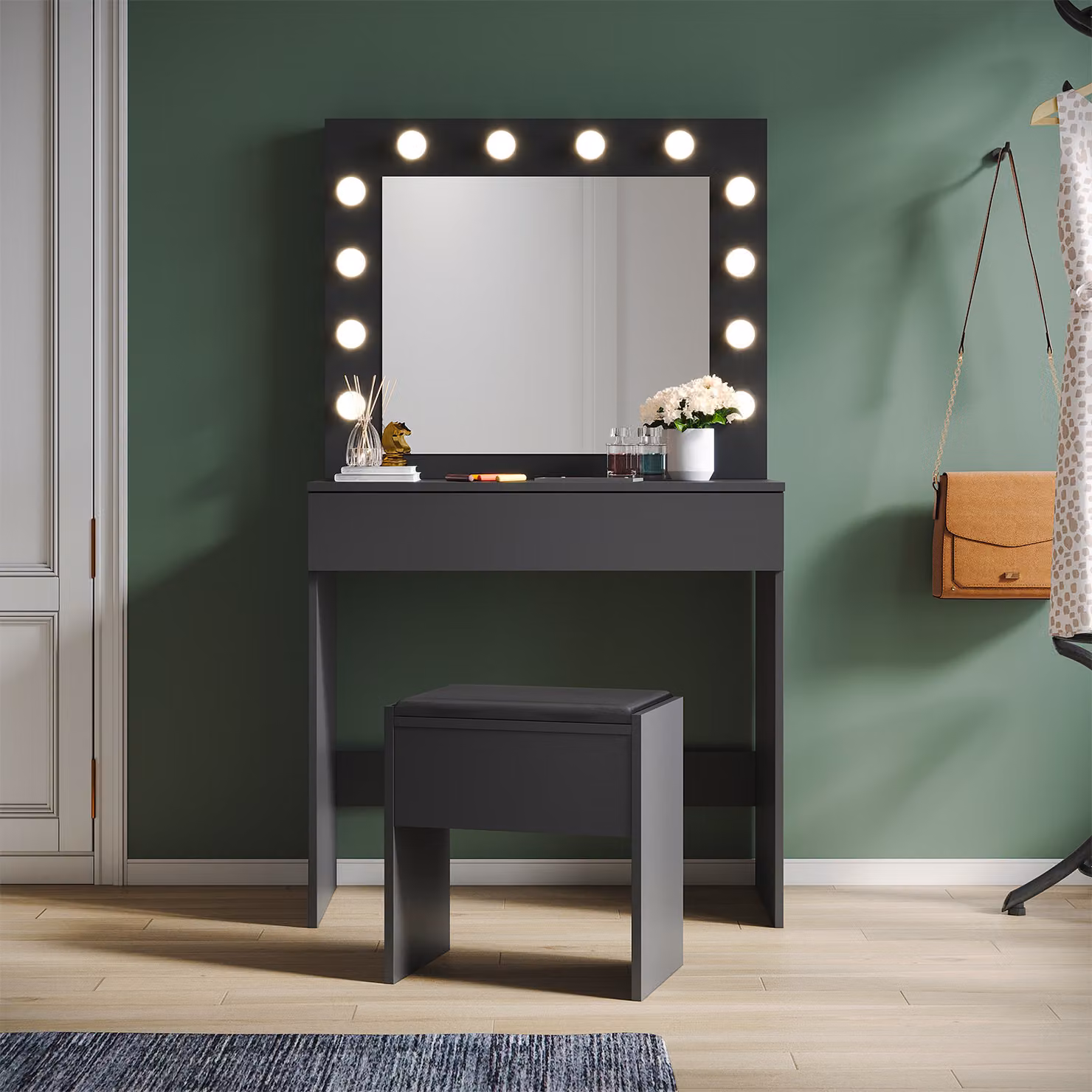 SONNI Tavolino da toilette nero con sgabello e illuminazione Tavolino da toilette con specchio, con cassetto, 80x40x140cm