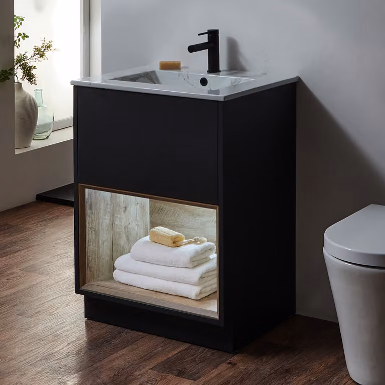 Mobile Bagno con Ripiano Aperto in Grigio Nero da 612mm con Lavabo Effetto Marmo e Luci LED