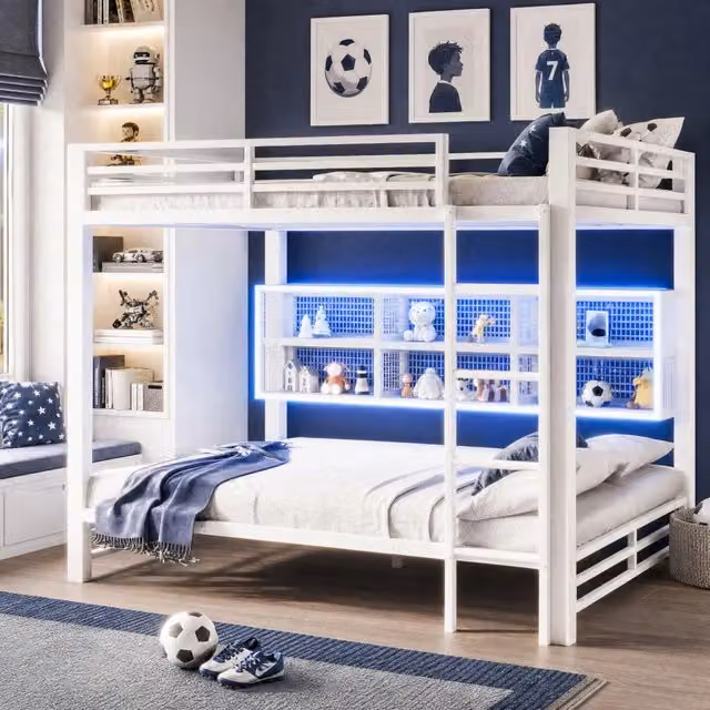 Letto a castello 140x200 cm in metallo bianco con 6 armadietti e LED