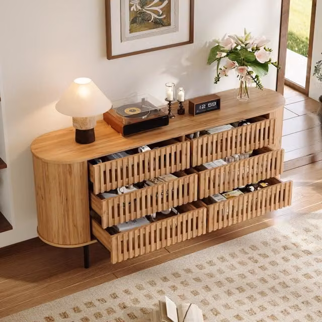 Sideboard 160x40x70cm in MDF colore legno naturale, design a listelli cavi, 6 cassetti, gambe in metallo stabili, portata 70kg, per soggiorno e corridoio