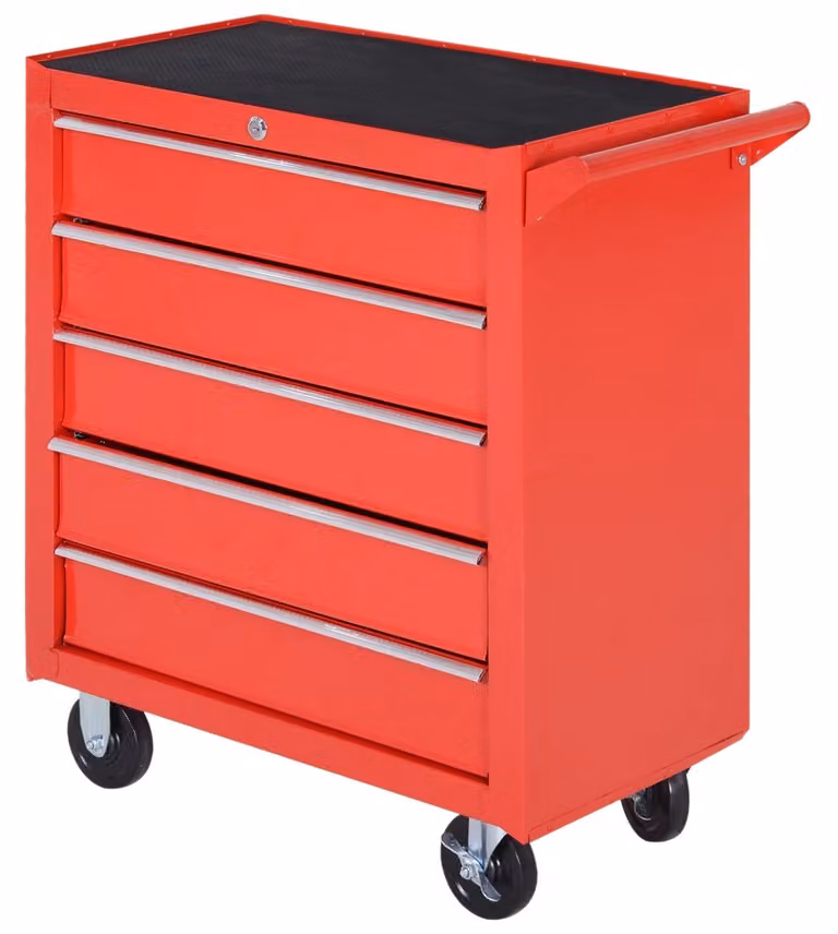 Carrello portattrezzi su ruote con 5 cassetti | Colore: rosso e nero | Dimensioni: 33x69x75 cm