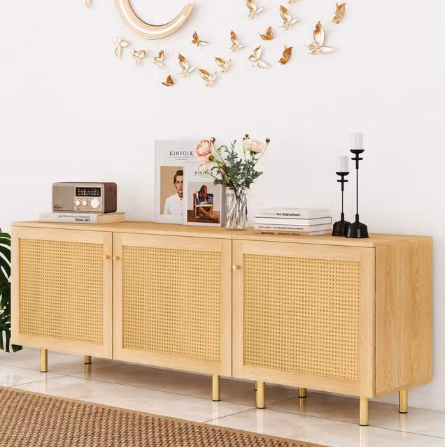 Mobiletto modulare in rattan con tre ante, sideboard rustico in effetto legno naturale H63xL180xP40 cm