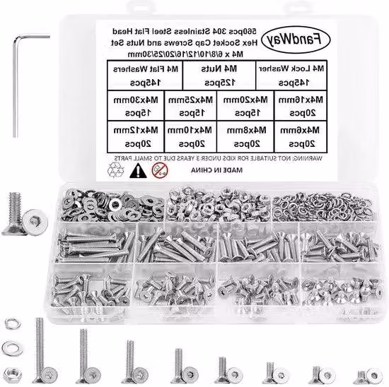 Set di viti M4 in acciaio inossidabile con accessori, cassetta degli attrezzi color argento con 560 pezzi per riparazioni e manutenzione.