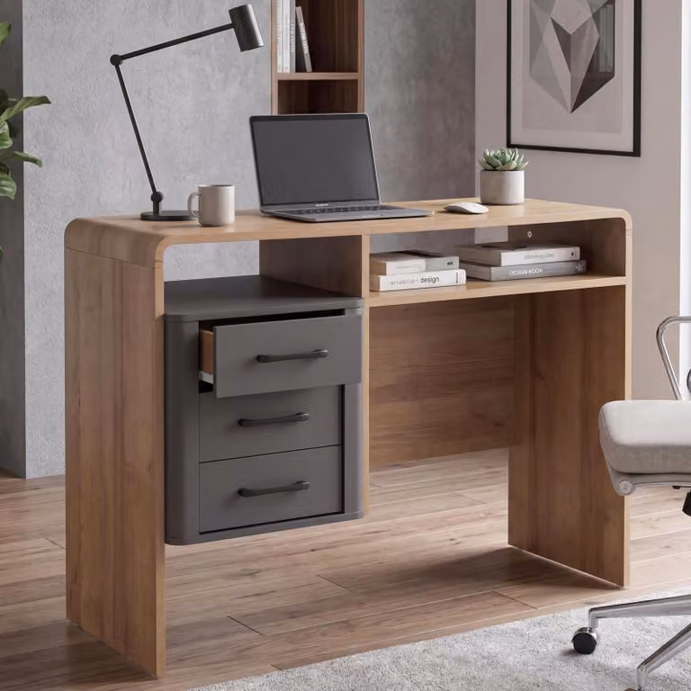 Scrivania HWC-P43, scrivania da ufficio e da computer, 3 cassetti in MDF 75x100x40 cm ~ effetto rovere Rivera, grigio scuro