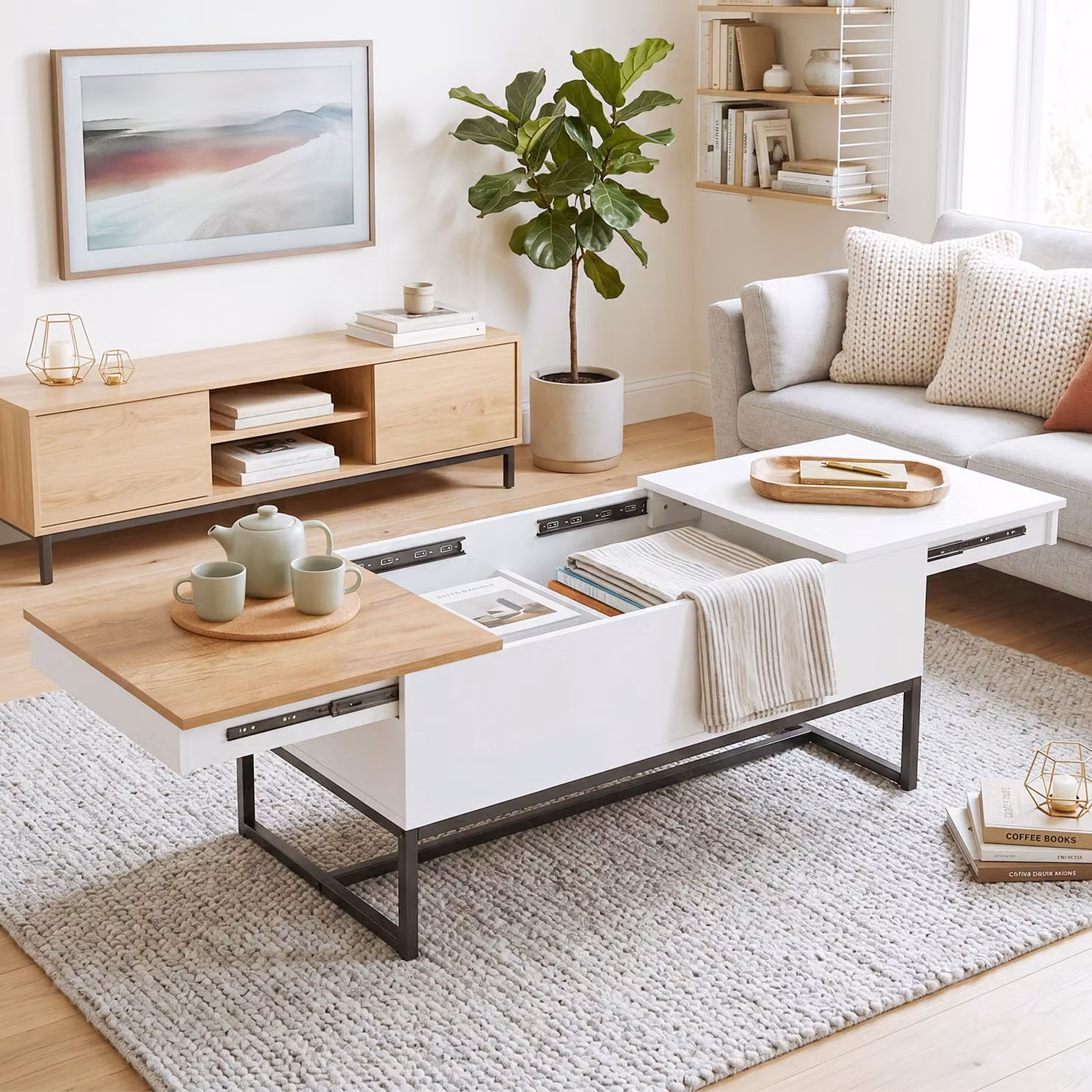 Tavolino estensibile HOMCOM bianco con piano scorrevole, vano nascosto e struttura in acciaio e legno effetto rovere – 2