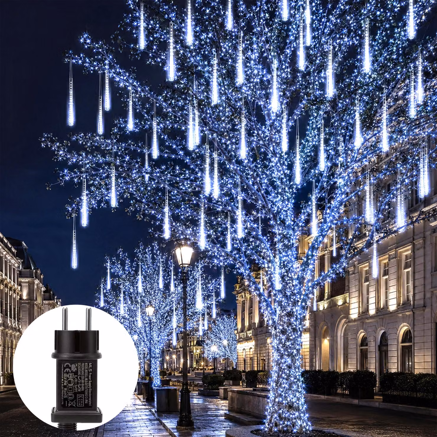 Catena luminosa a forma di cristalli di ghiaccio, 192 LED, decorazione natalizia, adatta per interni ed esterni, ideale per finestre, balconi, giardini, grondaie, decorazioni natalizie e di Halloween, colore bianco