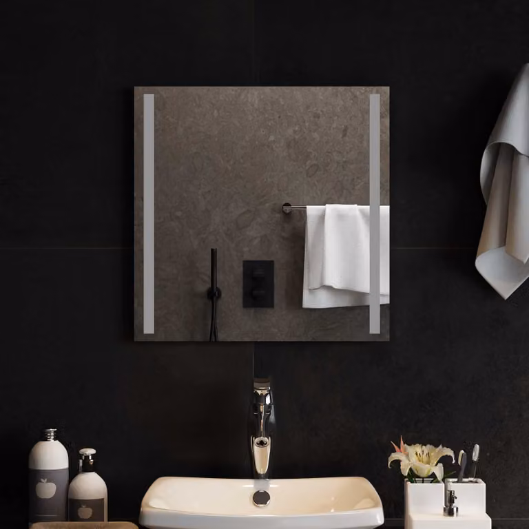 Specchio da bagno moderno vidaXL con luce LED in vetro temperato trasparente, L 50 cm x H 50 cm