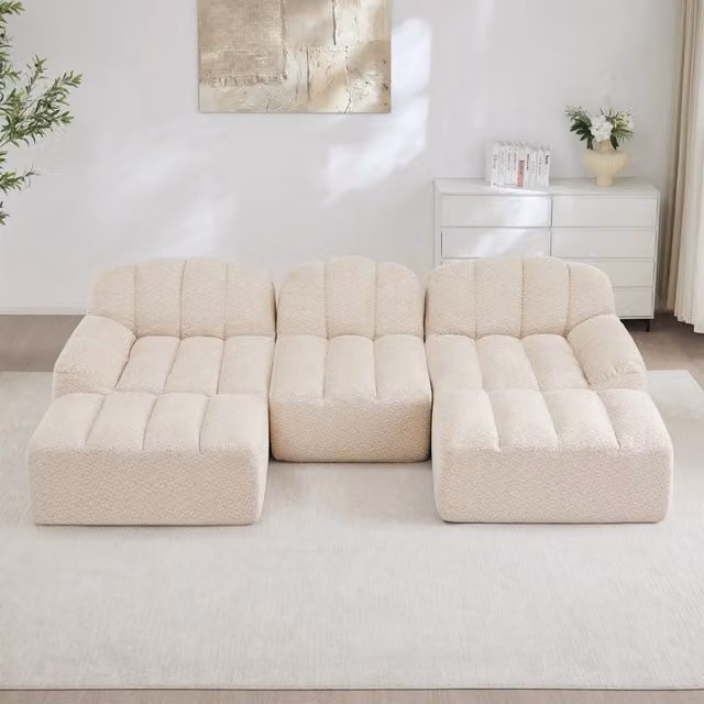 Divano panoramico modulare MIVRAY in tessuto beige e bianco con seduta in schiuma per soggiorno L: 288 cm, P: 165 cm, H: 76,5 cm