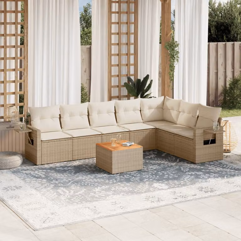 vidaXL Set Divano da Giardino a L 8 pz in Polyrattan con Cuscini Beige e Tavolino Moderno