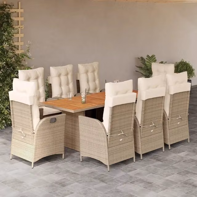 Set da pranzo da giardino vidaXL in legno di acacia e polyrattan con 9 pezzi e cuscini beige e bianchi