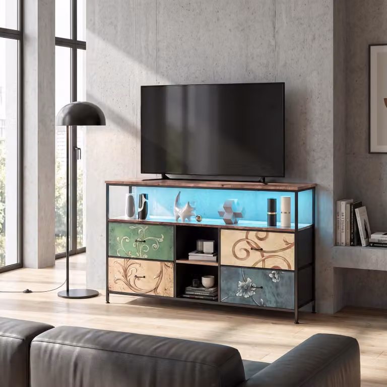 Comodino INONEFT con 4 cassetti in tessuto, mobile contenitore con illuminazione a LED e struttura in metallo, cassettiera vintage con motivo floreale, altezza 137 cm