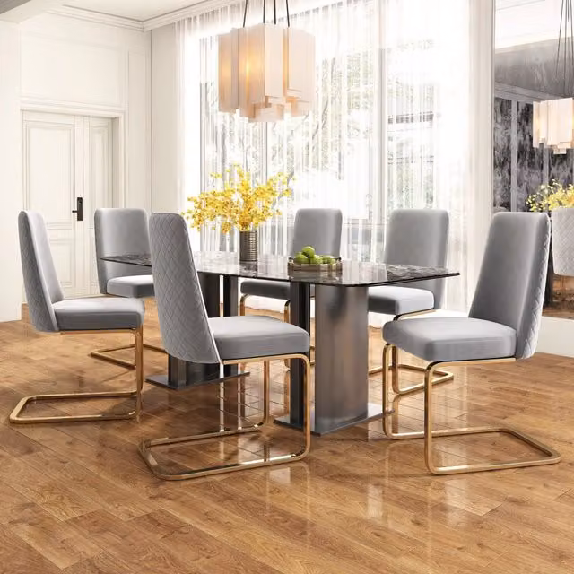 Set di 6 sedie da pranzo Zephmum in velluto grigio con schienale geometrico e gambe in metallo dorato lucido