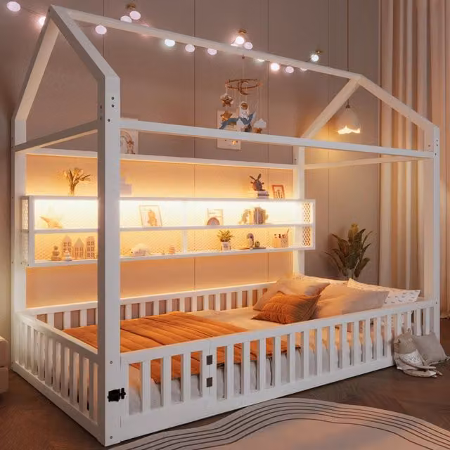 Letto a casetta 90x200 cm in metallo bianco con barriera di sicurezza e luci LED