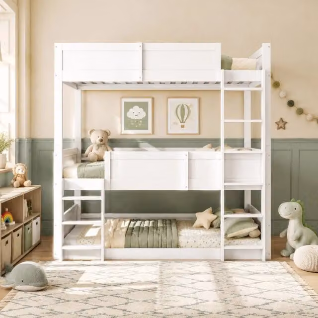 Letto a castello triplo ULEVR 90x200 cm trasformabile, in legno bianco con sponde alte