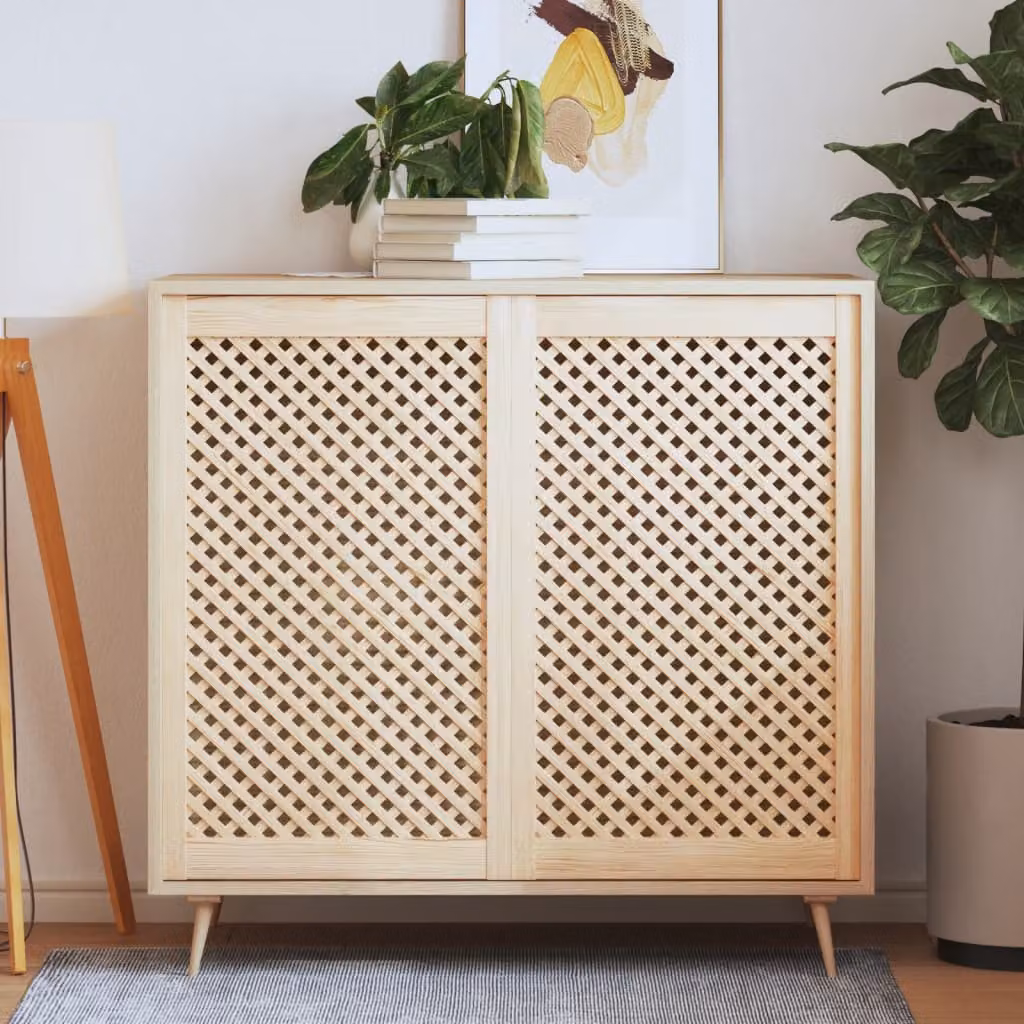 Set di 2 tavoli vidaXL in legno di pino grezzo con design geometrico a reticolo, colore beige/marrone, L: 99 cm, P: 59,5 cm, H: 59,5 cm