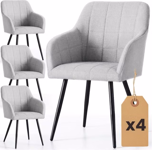 Set di 4 Sedie imbottite con cuciture quadrate LUXANO Grigio Chiaro gambe nere tessuto Lumos
