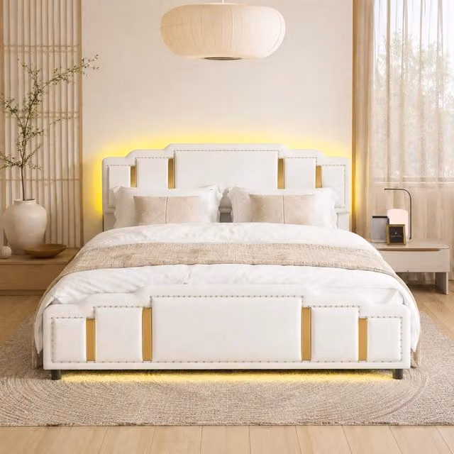 Letto matrimoniale ULEVR 160x200 cm in velluto beige con 4 cassetti, LED a 7 colori e finiture in acciaio inox