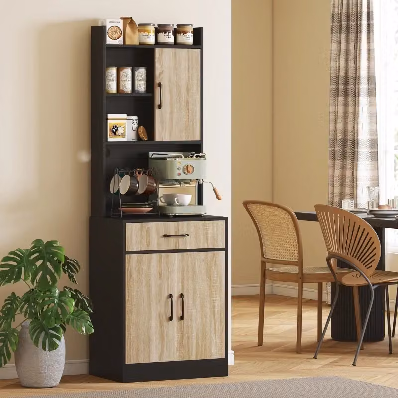 Credenza moderna WISHDOR per cucina e soggiorno con ripiani aperti e ante, finitura legno naturale e nero, L: 180 cm, P: 40 cm, H: 60 cm – 2