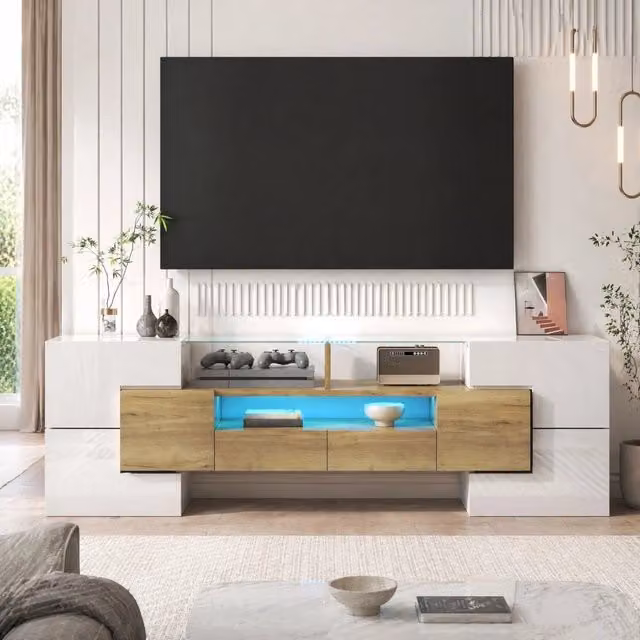 Mobile TV moderno in legno e vetro con illuminazione LED integrata, bianco e oro, L: 145 cm, P: 36 cm, H: 51 cm