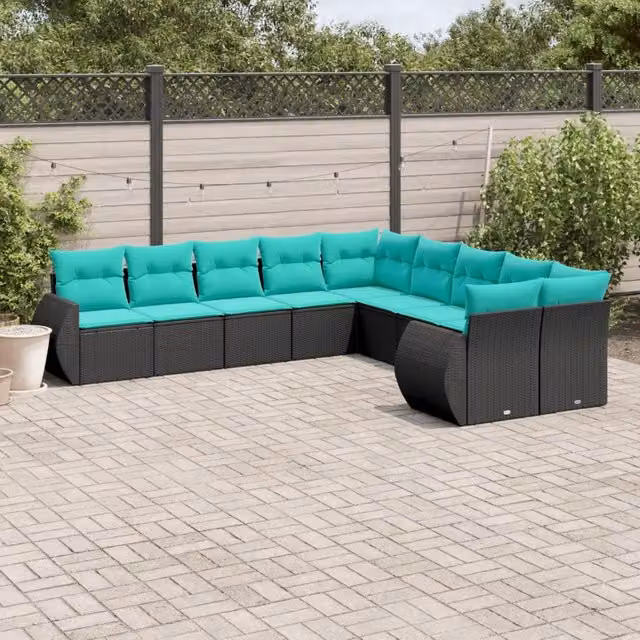 Set Divani da Giardino 10 pz con Cuscini Nero in Polyrattan 3221906