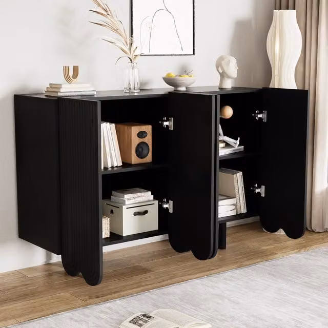 Credenza quattro ante con pannelli intagliati a goccia e cerniere ammortizzate in MDF nera 120 × 80;8 × 37;5 cm