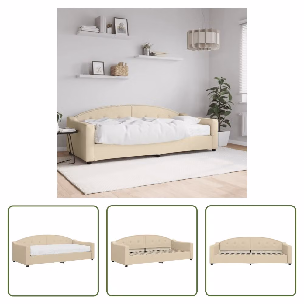 The Living Store Letto da giorno con materasso crema 90x200 cm in tessuto