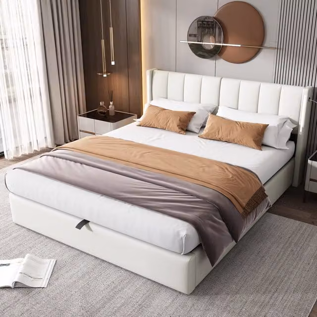 Letto matrimoniale ULEVR 160x200 cm con vano contenitore, LED regolabile, porta USB e inclinazione 0-30¡ã, bianco in PU