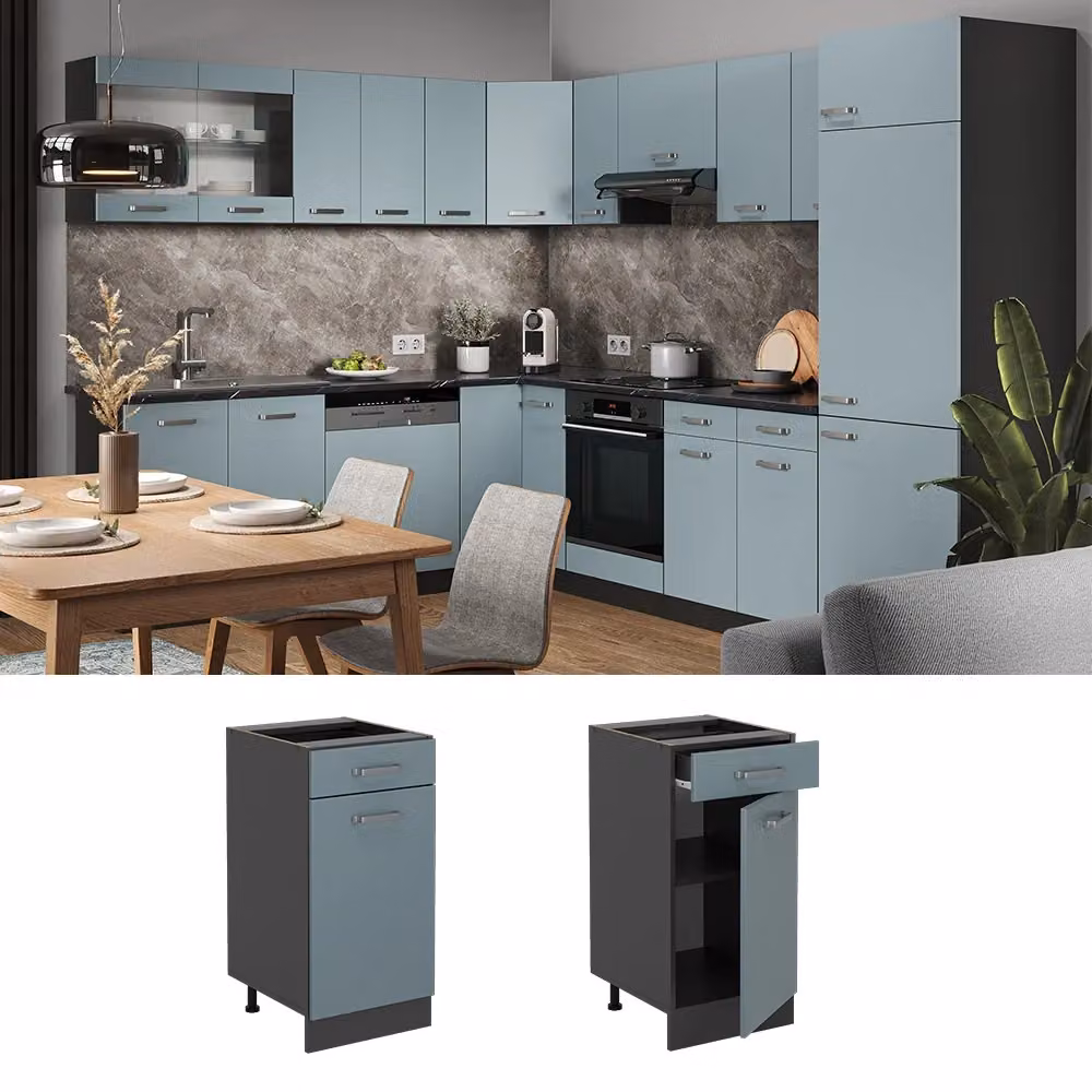 Mobiletto base per cucina Vicco R-Line Grigio-blu e Antracite con ante a battente e ripiani interni L 40 cm – 2