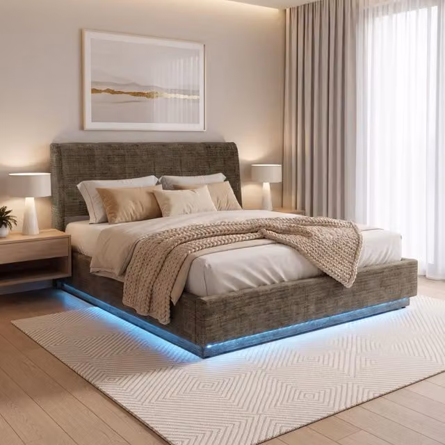 Letto Matrimoniale Contenitore Tröstiar con Apertura a Ribalta e Luce LED 160x200 cm - Effetto Lino Verde [en.casa]