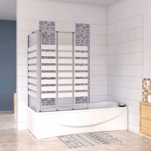 Sopravasca 100×140cm Vetro 4mm Temperato Bianco 3 Ante Pieghevoli a Libro con Lato Fisso 70x140 cm Profilo Argento Opaco Verso Sinistro