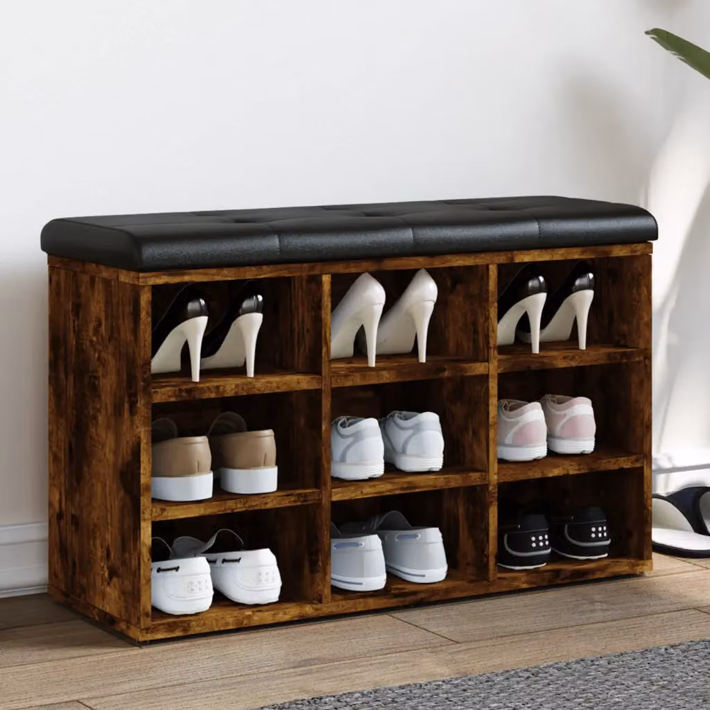 Panca porta scarpe vidaXL in legno e similpelle, colore marrone e nero, L 82 cm x P 32 cm x H 50 cm
