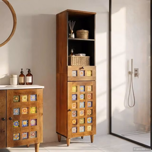 Mobile da bagno moderno vidaXL in legno e metallo color marrone e nero con ante e cassetti L/P/H: 38 x 33 x 160 cm