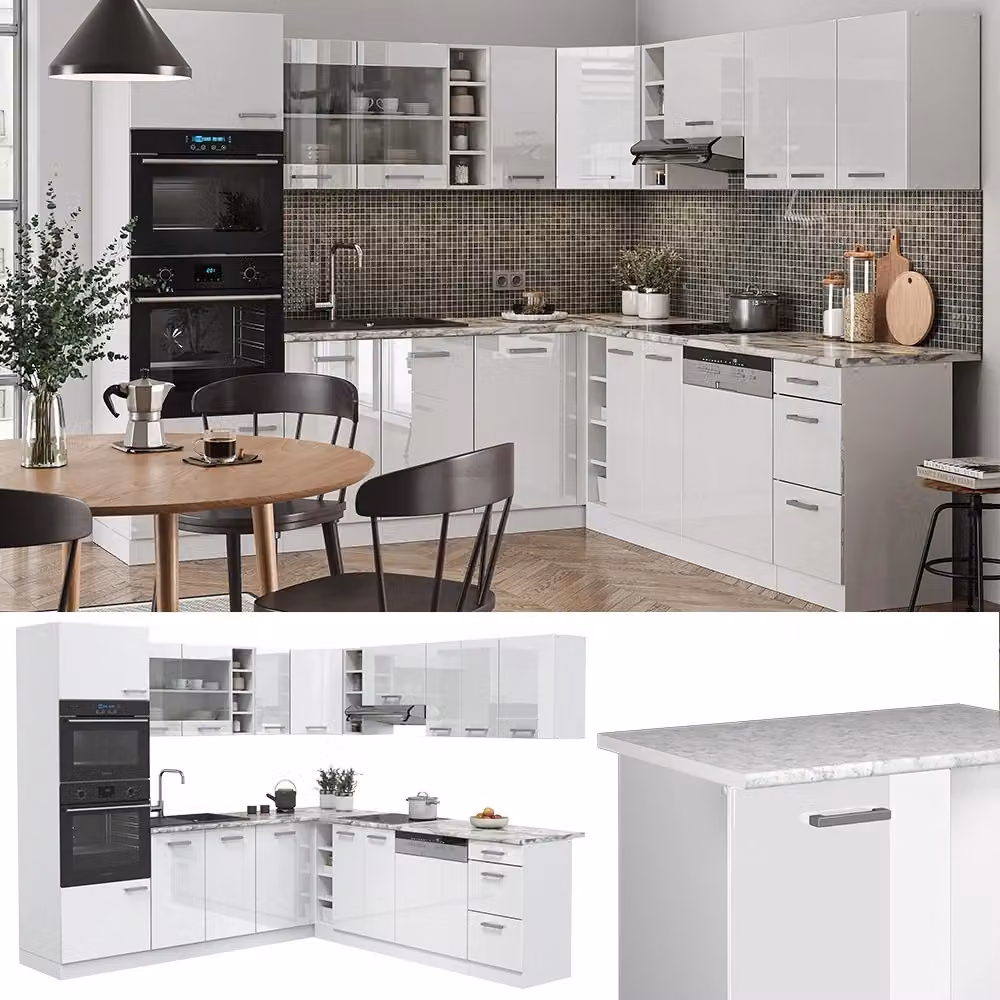 Cucina angolare moderna Vicco Bianco lucido e Grigio con ante in vetro e illuminazione integrata L 247 cm x P 60 cm x H 206,8 cm – 2