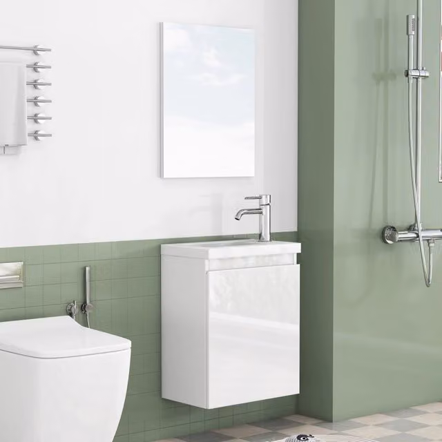Mobiletto da bagno bianco lucido da 40 cm, a parete, con lavabo in ceramica e specchio, senza maniglie, cerniere con chiusura ammortizzata,